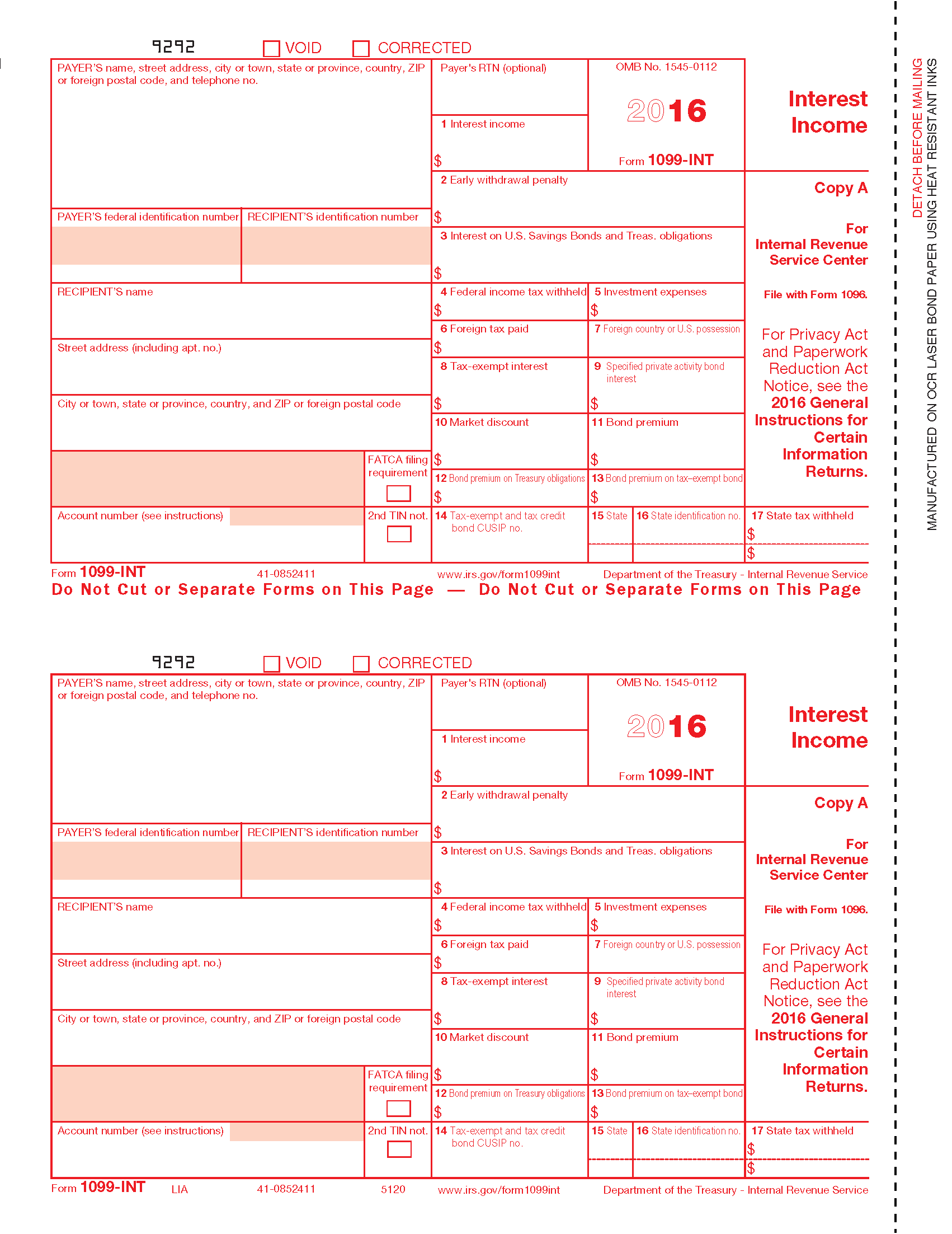 Universal W2   1099 Double Window Envelope 