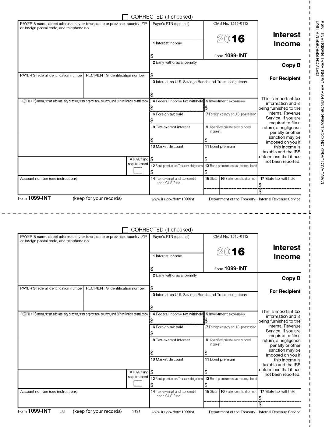 1099INT Recipient Copy B Forms & Fulfillment