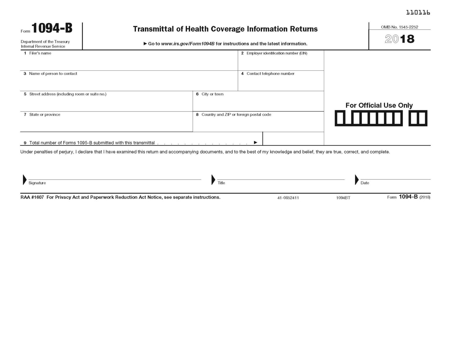 1094-B Transmittal of Health Coverage #1094-BT - Forms & Fulfillment