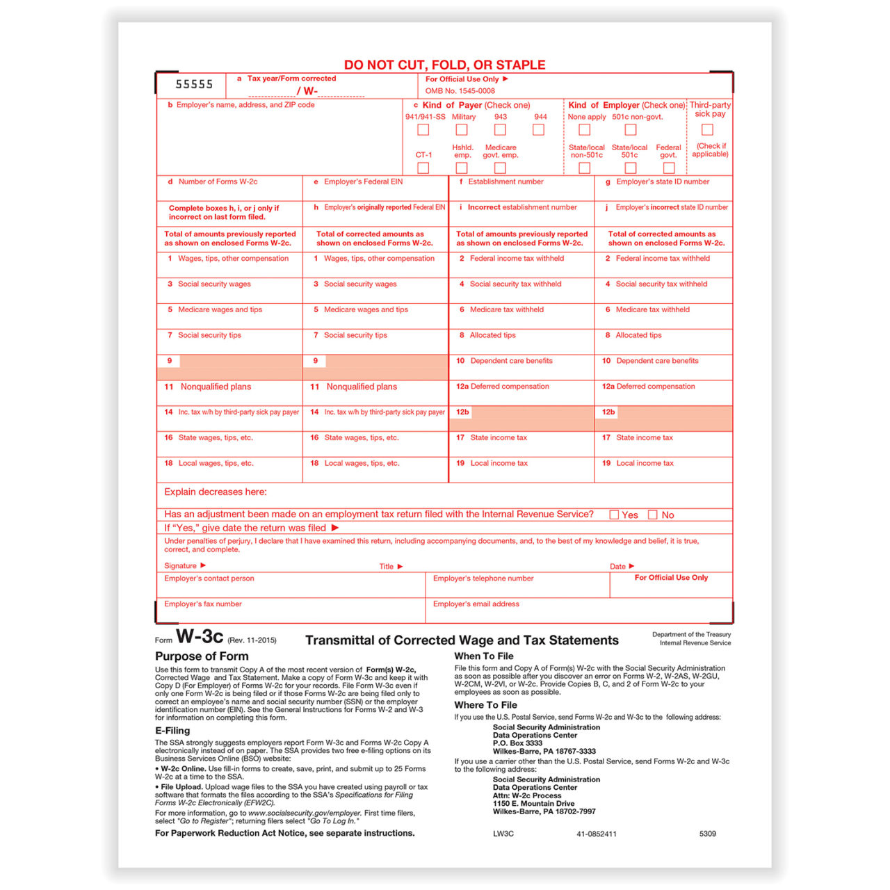 W3 Wage Transmittal of Corrected and Tax Statement Forms