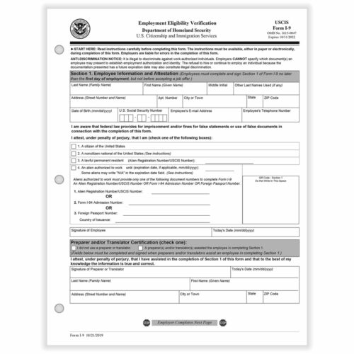 I-9 Employment Eligibility Verification Form, 1-Part #I-9