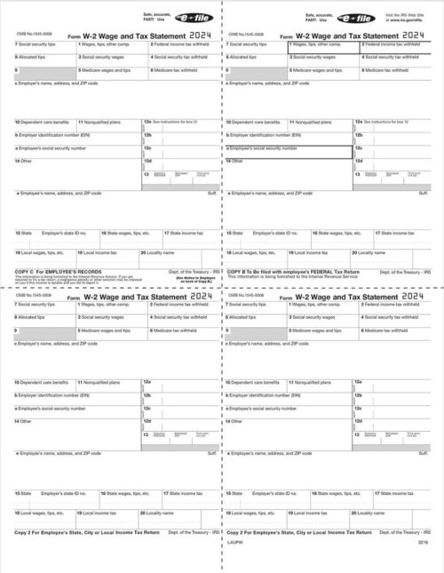 W-2, 4-Up Box, Employee Copy B,C,2,2 or Extra Copy (W Style) #L4UPW